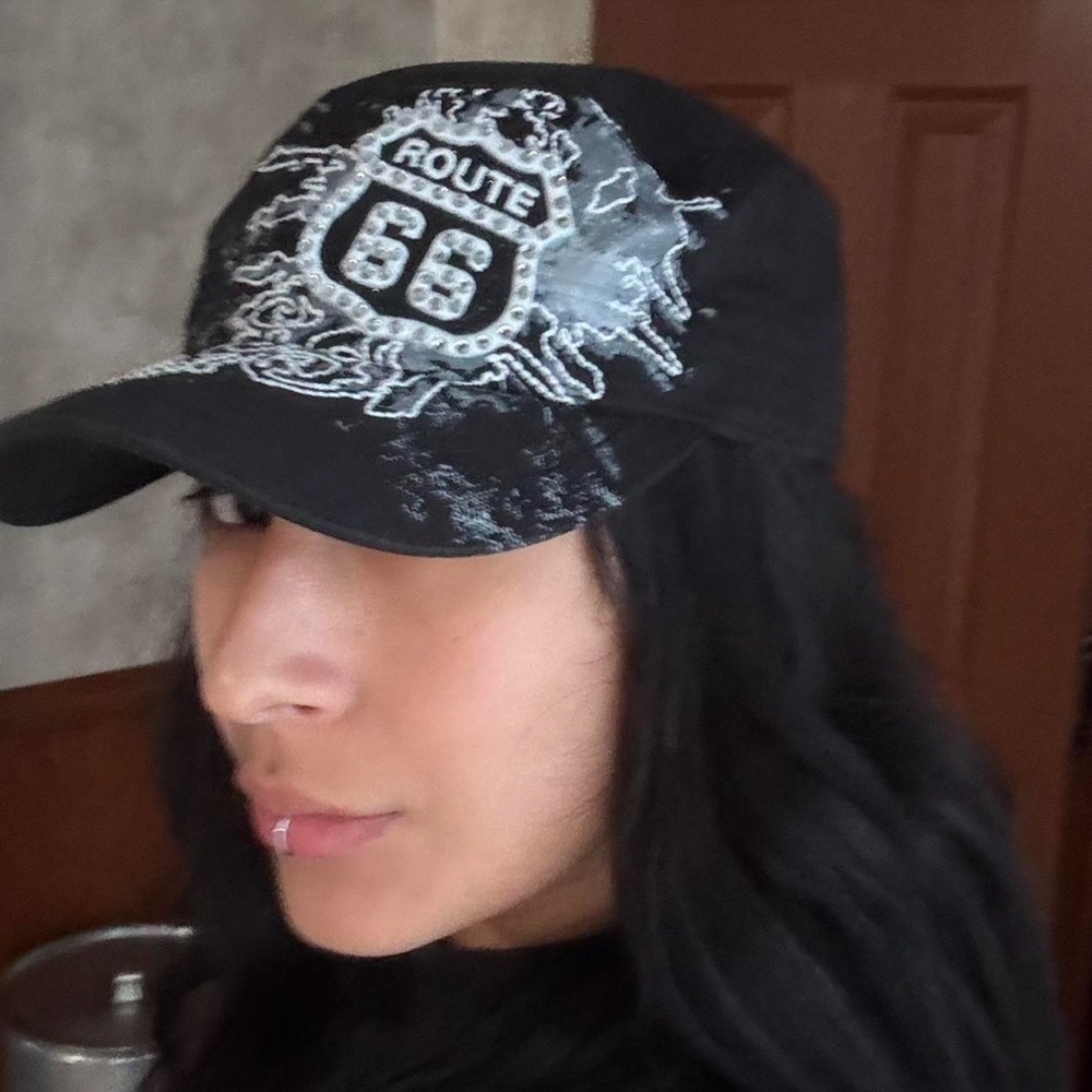 Route 66 Black Cadet Gothic Hat with Rhinestones & Embroidery – Adjustable Fit